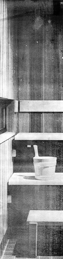 Рис. 5. Фрагмент интерьера сауны архит. Х. Ф. Джонсона, шт. Висконсин, США (см. также рис. 159). Бревна, используемые для стен, обычно не годятся для скамей и спинок
