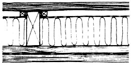 Потолочные доски, прибитые через дощатый настил; между балками 100 мм гранулированного вермикулита
